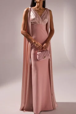 Aiman Silk Cape Long Dress In Blush