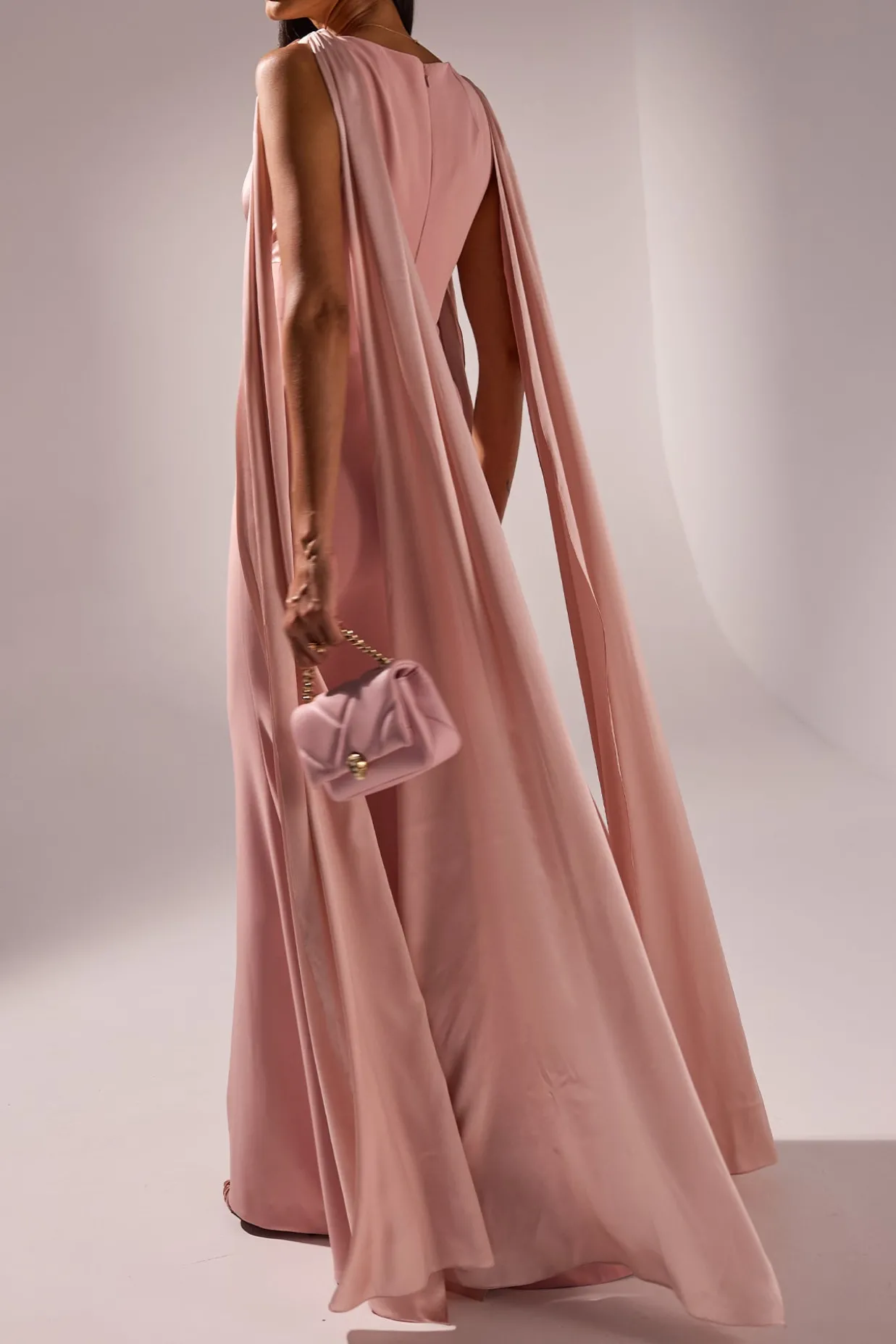 Aiman Silk Cape Long Dress In Blush