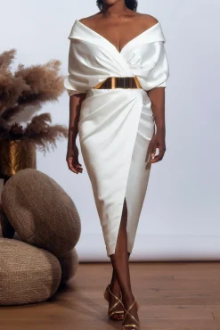 Angelina Satin Midi Dress in Ivory