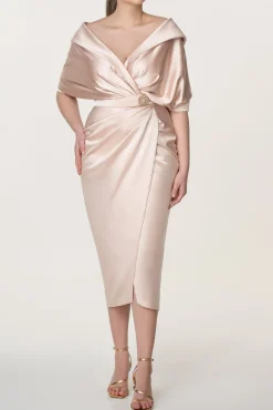 Angelina Satin Midi Dress in Powder