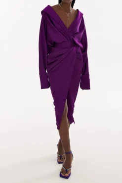 Angelina Satin Midi Dress in Royal-Purple
