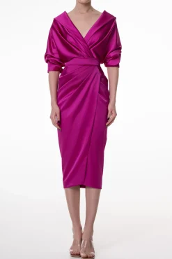 Angelina Satin Midi Dress in Fuchsia
