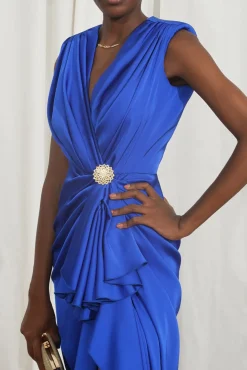 Astra Satin Long Dress In Electric-Blue