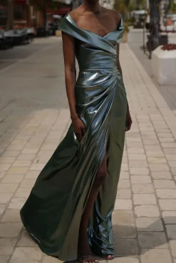Athena Glossy Chiffon Long Dress In Olive