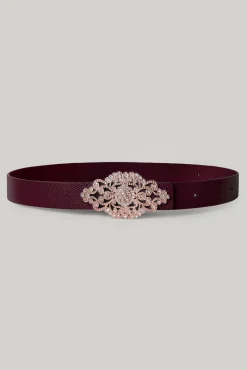 Baroque Burgundy Leather Waist Belt With Rose-Gold Buckle