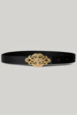 Baroque Matte Black Leather Waist Belt With Gold Buckle