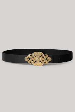 Baroque Saffiano Black Leather Waist Belt With Gold Buckle