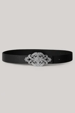 Baroque Saffiano Black Leather Waist Belt With Silver Buckle