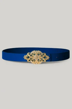 Baroque Sapphire Leather Waist Belt With Gold Buckle