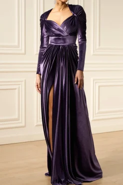 Basma Velvet Long Dress In Dusty-Purple
