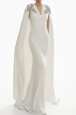 Dalia Crystal-Embroidered Cape Crepe Dress In Off-White
