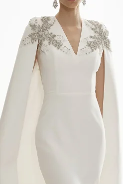 Dalia Crystal-Embroidered Cape Crepe Dress In Off-White