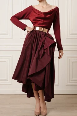 Elias Taffeta Midi Skirt In Burgundy
