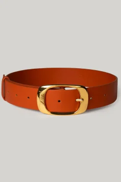 Ellipse Camel Leather Waist Belt With Gold Buckle