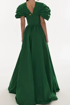 Ezra Taffeta Long Dress In Dark-Green
