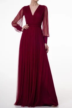Kaya Silk Tulle Long Dress In Burgundy