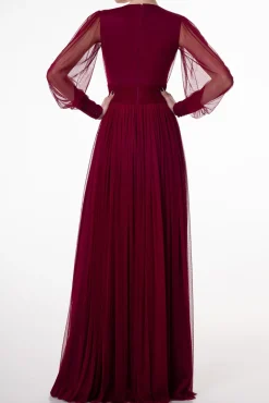 Kaya Silk Tulle Long Dress In Burgundy