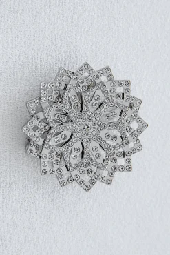 Lotus Brooch - Silver With Crystals