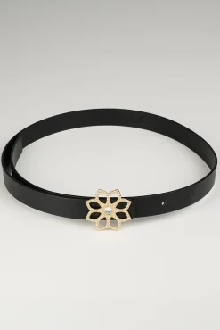 Lotus Leather Waist Belt In Matte Black With Gold Buckle