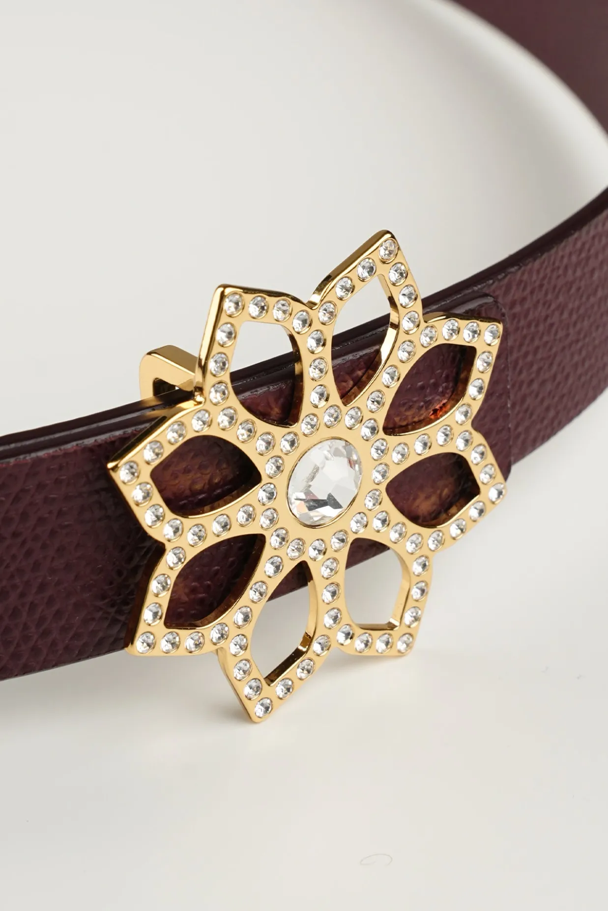 Lotus Leather Waist Belt In Burgundy With Gold Buckle