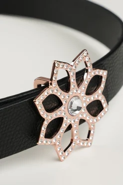 Lotus Leather Waist Belt In Saffiano Black With Rose-Gold Buckle