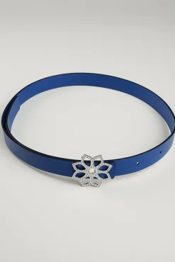 Lotus Leather Waist Belt In Sapphire With Silver Buckle