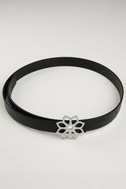 Lotus Leather Waist Belt In Saffiano Black With Silver Buckle