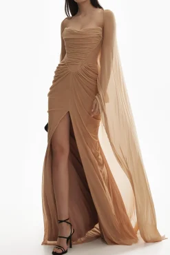 Mera Mesh Tulle Cape Gown In Skin