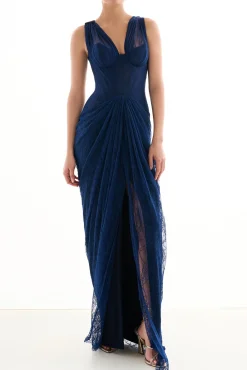 Naila Lace Long Dress In Midnight-Blue