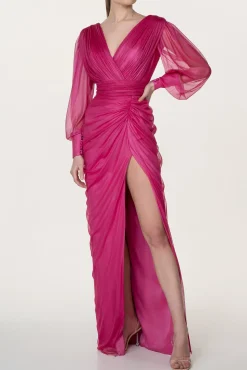 Namira Silk Tulle Long Dress In Glossy-Fucsia