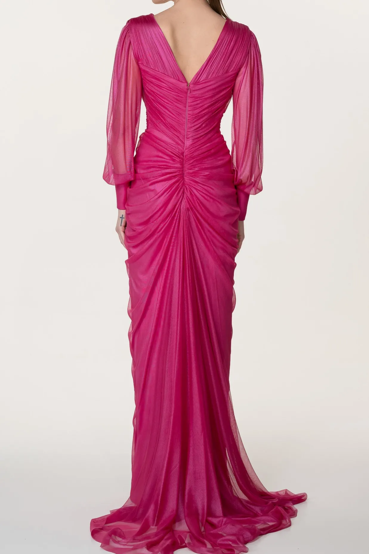 Namira Silk Tulle Long Dress In Glossy-Fucsia