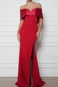 Noura Crepe Satin Long Dress In True-Red