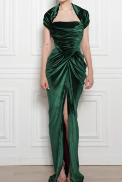 Quinn Long Velvet Gown In Dark-Green