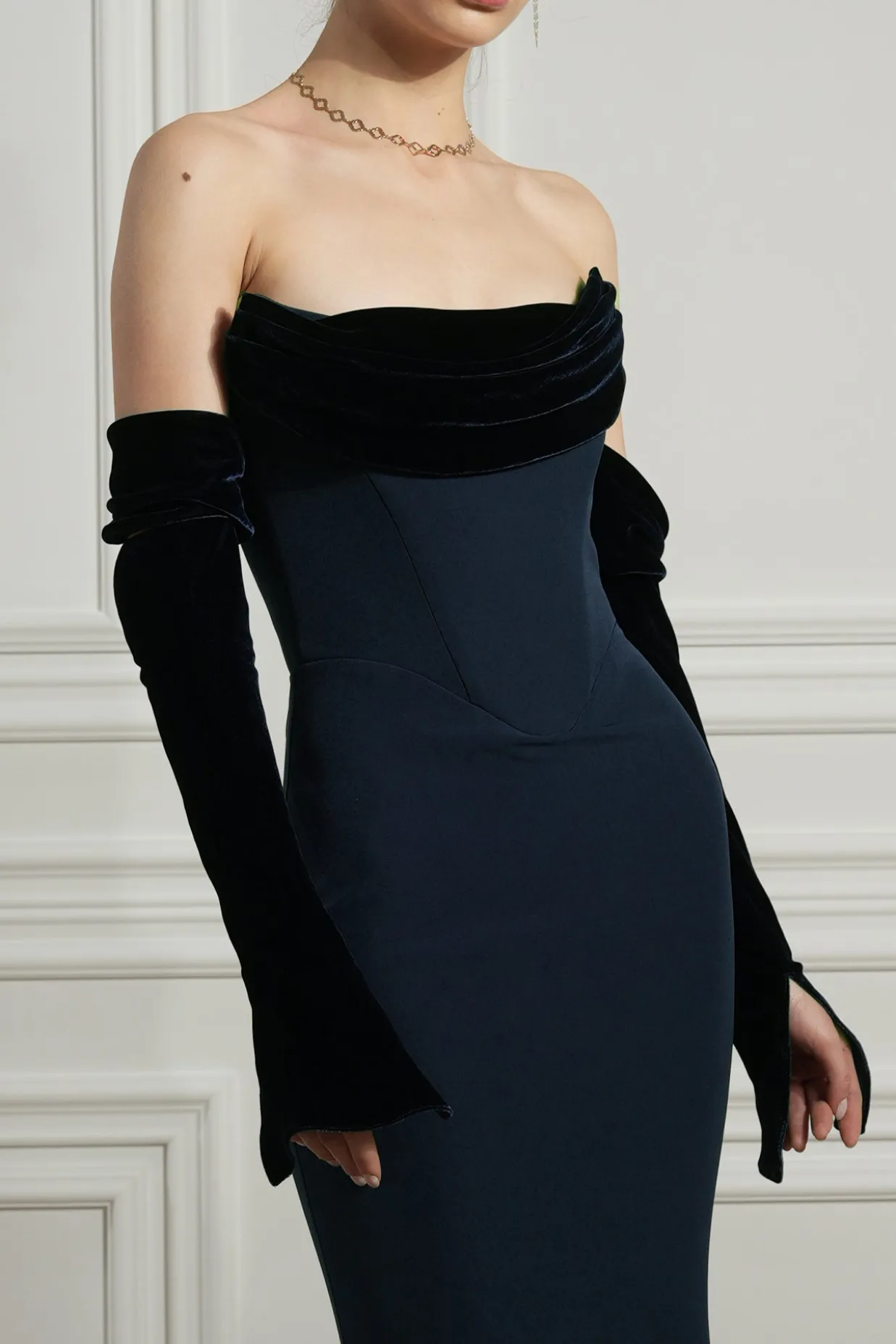Raven Crepe and Velvet Dress in Midnight-Blue