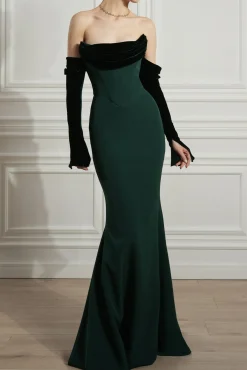 Raven Crepe and Velvet Dress in Dark-Green