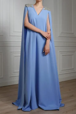 Revy Crystal-Embroidered Cape Crepe Dress In Blue Ciel