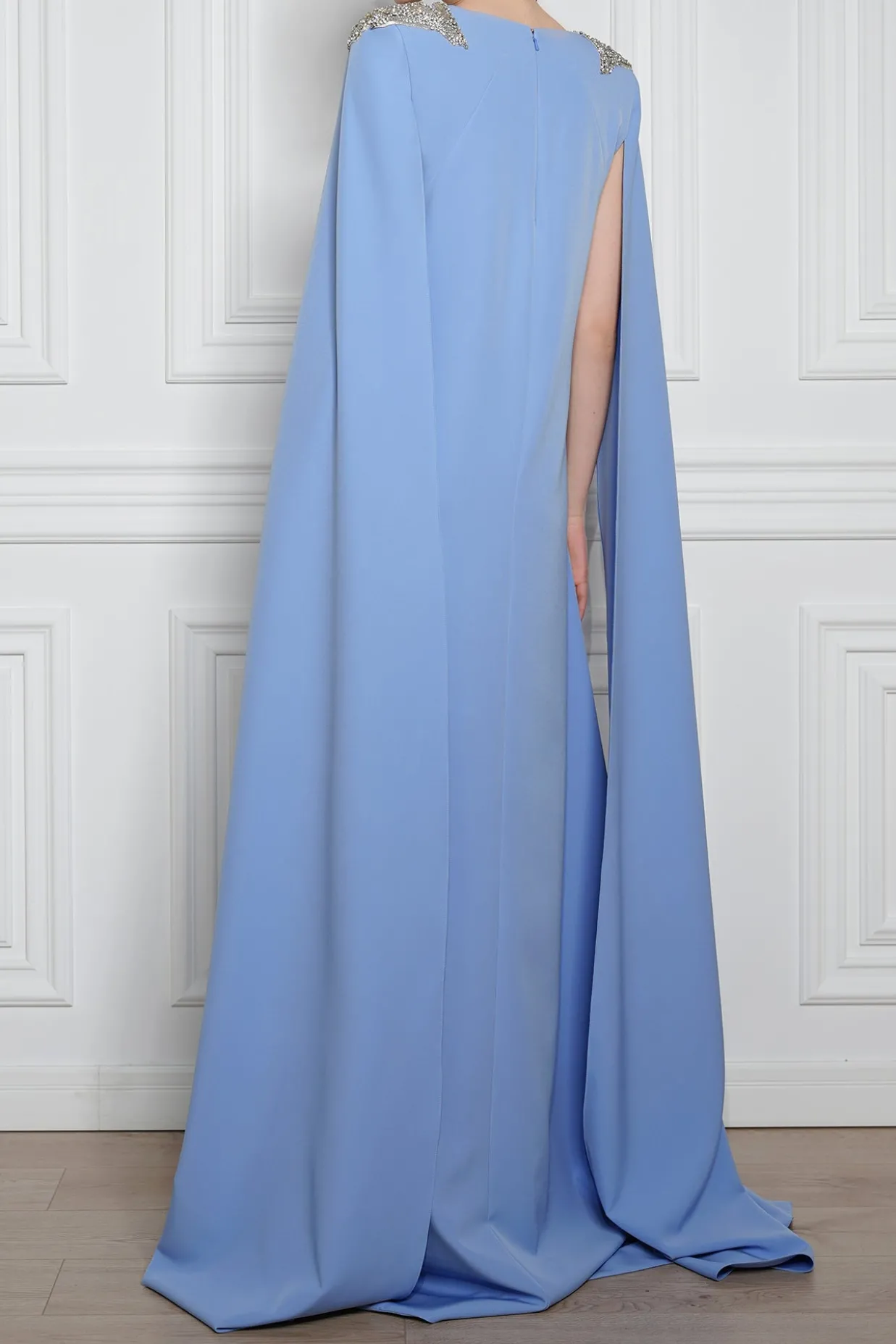 Revy Crystal-Embroidered Cape Crepe Dress In Blue Ciel