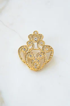 The Crown Brooch - Gold With White Crystals
