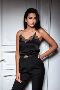 Top Camisole Top in Satin with Lace Insertions In Black-Gold