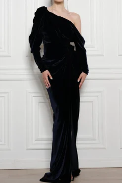 Zeina Long Velvet Gown in Midnight Blue